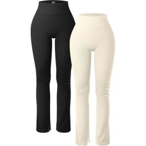 imageOQQ Womens 2 Piece Yoga Pants Ribbed Seamless Workout High Waist Cross Over Bell Bottoms Exercise Flare LeggingsBlack beige