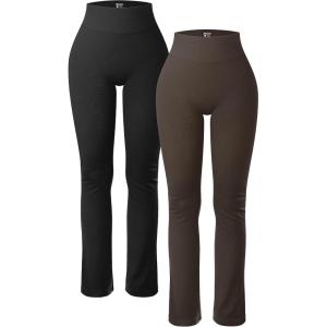 imageOQQ Womens 2 Piece Yoga Pants Ribbed Seamless Workout High Waist Cross Over Bell Bottoms Exercise Flare LeggingsBlack darkbrown