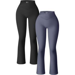 imageOQQ Womens 2 Piece Yoga Pants Ribbed Seamless Workout High Waist Cross Over Bell Bottoms Exercise Flare LeggingsBlack grey Blue