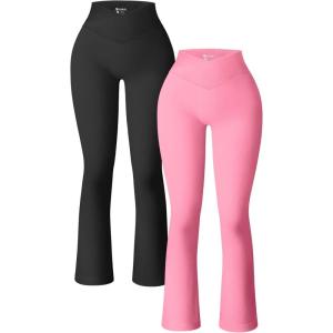 imageOQQ Womens 2 Piece Yoga Pants Ribbed Seamless Workout High Waist Cross Over Bell Bottoms Exercise Flare LeggingsCandypink black