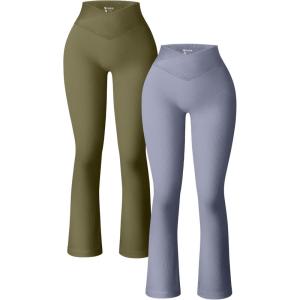 imageOQQ Womens 2 Piece Yoga Pants Ribbed Seamless Workout High Waist Cross Over Bell Bottoms Exercise Flare LeggingsSauerkraut blues