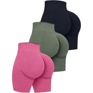 imageOQQ Womens 3 Piece High Waist Workout Shorts Butt Lifting Tummy Control Ruched Booty Smile Yoga Short PantsBlack Armygreen Plumred