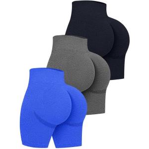 imageOQQ Womens 3 Piece High Waist Workout Shorts Butt Lifting Tummy Control Ruched Booty Smile Yoga Short PantsBlack Grey Blue