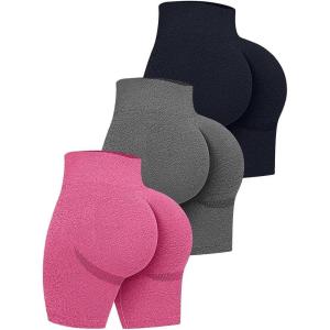 imageOQQ Womens 3 Piece High Waist Workout Shorts Butt Lifting Tummy Control Ruched Booty Smile Yoga Short PantsBlack Grey Plumred