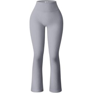imageOQQ Womens Flare Pants Ribbed Seamless Workout High Waist Bell Bottoms PantsGrey