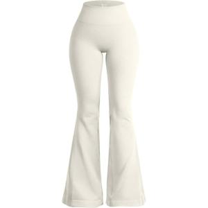 imageOQQ Womens Flared Pants High Waisted Yoga Leggings Stretchy Bell Buttom Wide LegBeige