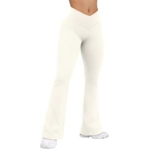imageOQQ Womens Flared Pants Ribbed Cross Over High Waist Bell Bottoms Lounge Travel PantsBeige