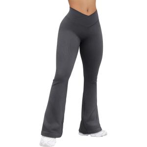 imageOQQ Womens Flared Pants Ribbed Cross Over High Waist Bell Bottoms Lounge Travel PantsDarkgrey