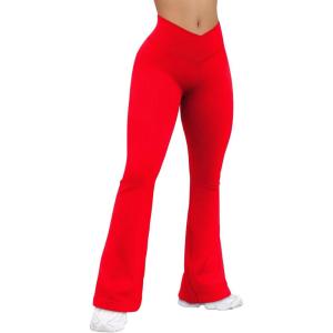 imageOQQ Womens Flared Pants Ribbed Cross Over High Waist Bell Bottoms Lounge Travel PantsRed