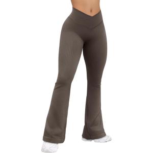 imageOQQ Womens Flared Pants Ribbed Cross Over High Waist Bell Bottoms Lounge Travel PantsTea Leaf