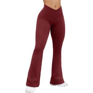 imageOQQ Womens Flared Pants Ribbed Cross Over High Waist Bell Bottoms Lounge Travel PantsWinered
