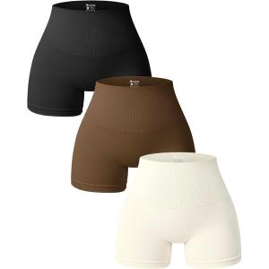 imageOQQ Women 3 Piece Yoga Shorts High Waist Seamless Workout Exercise Shorts LeggingsBlack coffee beige
