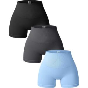 imageOQQ Women 3 Piece Yoga Shorts High Waist Seamless Workout Exercise Shorts LeggingsBlack darkgrey candyblue