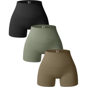 imageOQQ Women 3 Piece Yoga Shorts High Waist Seamless Workout Exercise Shorts LeggingsBlack grey Green taupe