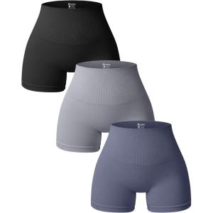 imageOQQ Women 3 Piece Yoga Shorts High Waist Seamless Workout Exercise Shorts LeggingsBlack grey grey Blue