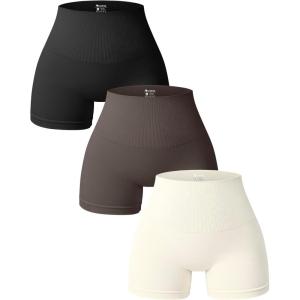 imageOQQ Women 3 Piece Yoga Shorts High Waist Seamless Workout Exercise Shorts LeggingsBlack tea Leaf beige