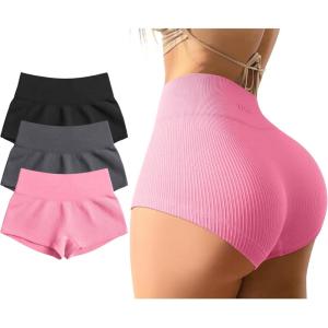 imageOQQ Women 3 Piece Yoga Shorts Sexy High Waist Booty Stretch Workout Exercise Hot ShortsBlack Darkgrey Candypink