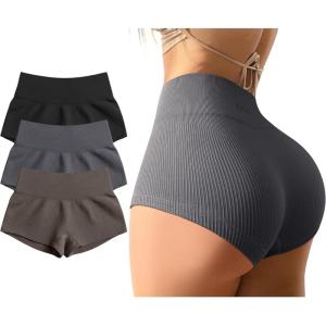 imageOQQ Women 3 Piece Yoga Shorts Sexy High Waist Booty Stretch Workout Exercise Hot ShortsBlack Darkgrey Tea Leaf