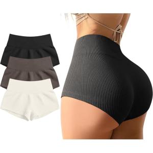 imageOQQ Women 3 Piece Yoga Shorts Sexy High Waist Booty Stretch Workout Exercise Hot ShortsBlack Tea Leaf Beige