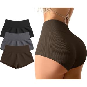imageOQQ Women 3 Piece Yoga Shorts Sexy High Waist Booty Stretch Workout Exercise Hot ShortsBlack darkgrey darkbrown