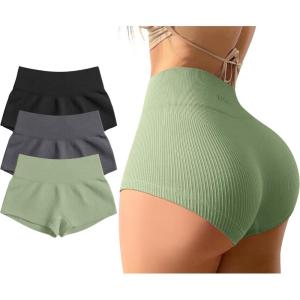 imageOQQ Women 3 Piece Yoga Shorts Sexy High Waist Booty Stretch Workout Exercise Hot ShortsBlack darkgrey pea Green