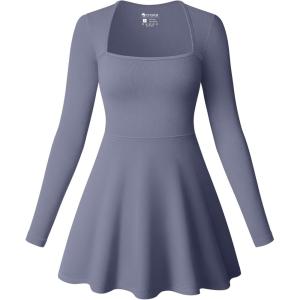 imageOQQ Women Long Sleeve Dresses Square Neck Casual Party Club ALine Mini DressGrey Blue