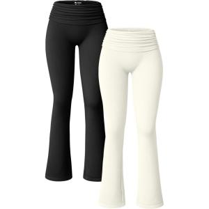 imageOQQ Womens 2 Piece Flared Pants Ribbed Fold Over Kick Ruched Stretch High Waist Casual Wide LegBlack beige