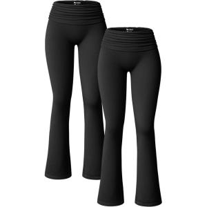 imageOQQ Womens 2 Piece Flared Pants Ribbed Fold Over Kick Ruched Stretch High Waist Casual Wide LegBlack black