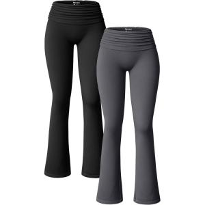 imageOQQ Womens 2 Piece Flared Pants Ribbed Fold Over Kick Ruched Stretch High Waist Casual Wide LegBlack darkgrey