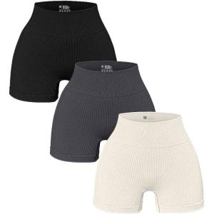 imageOQQ Womens 3 Piece Yoga Ribbed Seamless Workout High Waist Athletic Legging ShortsAblack Grey Beige
