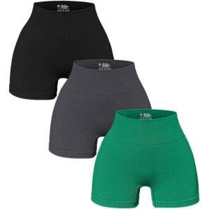 imageOQQ Womens 3 Piece Yoga Ribbed Seamless Workout High Waist Athletic Legging ShortsAblack Grey Green