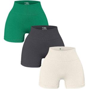 imageOQQ Womens 3 Piece Yoga Ribbed Seamless Workout High Waist Athletic Legging ShortsAgreen Grey Beige