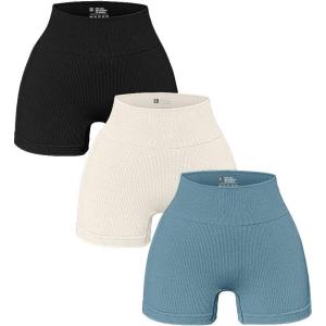 imageOQQ Womens 3 Piece Yoga Ribbed Seamless Workout High Waist Athletic Legging ShortsBlack Beige Blue