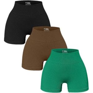 imageOQQ Womens 3 Piece Yoga Ribbed Seamless Workout High Waist Athletic Legging ShortsBlack Coffee Green