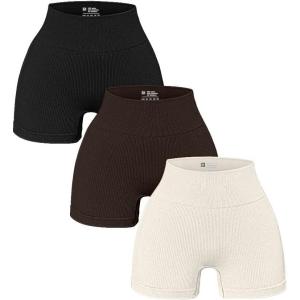imageOQQ Womens 3 Piece Yoga Ribbed Seamless Workout High Waist Athletic Legging ShortsBlack Darkbrown Beige