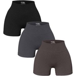 imageOQQ Womens 3 Piece Yoga Ribbed Seamless Workout High Waist Athletic Legging ShortsBlack Grey Tea Leaf