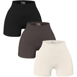imageOQQ Womens 3 Piece Yoga Ribbed Seamless Workout High Waist Athletic Legging ShortsBlack Tea Leaf Beige
