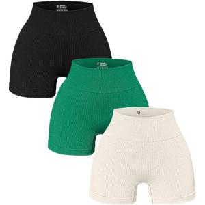 imageOQQ Womens 3 Piece Yoga Ribbed Seamless Workout High Waist Athletic Legging ShortsBlackGreenBeige