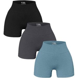 imageOQQ Womens 3 Piece Yoga Ribbed Seamless Workout High Waist Athletic Legging ShortsBlackGreyBlue