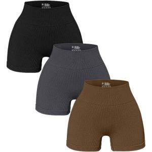 imageOQQ Womens 3 Piece Yoga Ribbed Seamless Workout High Waist Athletic Legging ShortsBlackGreyCoffee