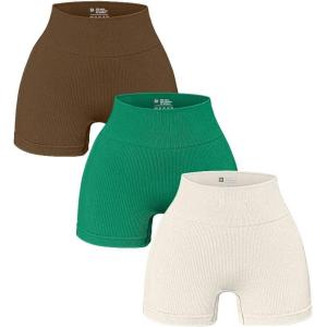 imageOQQ Womens 3 Piece Yoga Ribbed Seamless Workout High Waist Athletic Legging ShortsCoffee Green Beige