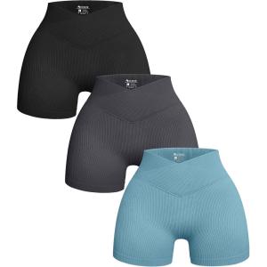imageOQQ Womens 3 Piece Yoga Shorts Ribbed Seamless Workout High Waist Cross Over Athletic LeggingsBlack Grey Blue