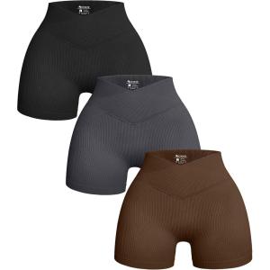 imageOQQ Womens 3 Piece Yoga Shorts Ribbed Seamless Workout High Waist Cross Over Athletic LeggingsBlack Grey Coffee