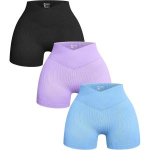 imageOQQ Womens 3 Piece Yoga Shorts Ribbed Seamless Workout High Waist Cross Over Athletic LeggingsBlack Lavender Candyblue