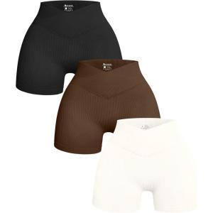 imageOQQ Womens 3 Piece Yoga Shorts Ribbed Seamless Workout High Waist Cross Over Athletic LeggingsBlack coffee beige