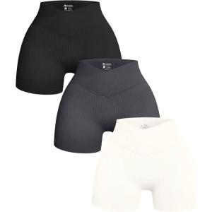 imageOQQ Womens 3 Piece Yoga Shorts Ribbed Seamless Workout High Waist Cross Over Athletic LeggingsBlack grey beige
