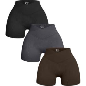 imageOQQ Womens 3 Piece Yoga Shorts Ribbed Seamless Workout High Waist Cross Over Athletic LeggingsBlack grey darkbrown