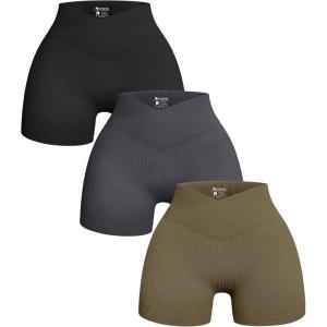 imageOQQ Womens 3 Piece Yoga Shorts Ribbed Seamless Workout High Waist Cross Over Athletic LeggingsBlack grey taupe
