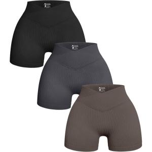 imageOQQ Womens 3 Piece Yoga Shorts Ribbed Seamless Workout High Waist Cross Over Athletic LeggingsBlack grey tea Leaf