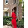 imageOQQ Womens Long Sleeve Maxi Dress Ribbed Back Slit Button Down Bodycon Soft Going Out Elegant Party DressesRed